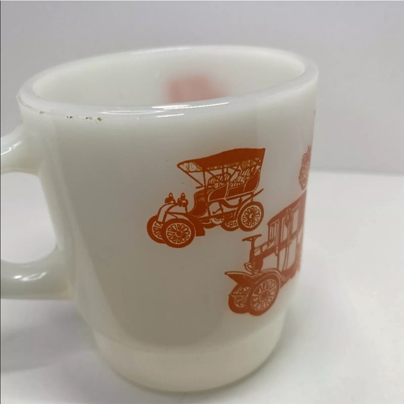 Vintage Fire King Milk Glass Coffee Mug Cup Orange Antique Cars Automobiles - Picture 6 of 12